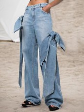 Washed Spliced Bow Wide Leg Jeans GMWF-S98569