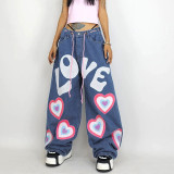 Contrast Color Heart Graffiti Print Loose Jeans GMWF-AL69572
