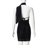 Sexy Solid Color Halterneck Backless Mini Dress GNZD-32423DBY