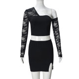 Lace Sexy Hollow Out Single Shoulder Tops Skirts Suit GNZD-51501SHD