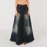 Color Block Low Waist A-Line Denim Long Skirt GMWF-9626