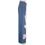 Contrast Color Heart Graffiti Print Loose Jeans GMWF-AL69572
