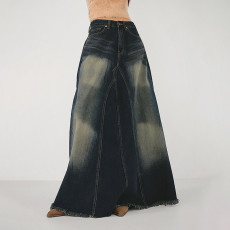 Washed Colorblocked A-Line Denim Half-Body Skirt GMWF-AL9626