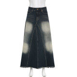 Washed Colorblocked A-Line Denim Half-Body Skirt GMWF-AL9626