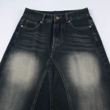 Color Block Low Waist A-Line Denim Long Skirt GMWF-9626