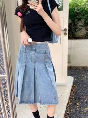 Washed Denim Pleated Mid-length Skirt GMWF-55698