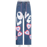 Contrast Color Heart Graffiti Print Loose Jeans GMWF-AL69572