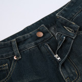 Washed Colorblocked A-Line Denim Half-Body Skirt GMWF-AL9626