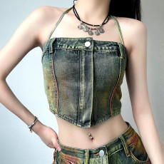 Washed Zipper Wrap Chest Denim Vest GMWF-AL8889
