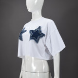Loose Star Denim Patch T-shirt GNZD-011489TBR