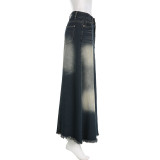 Washed Colorblocked A-Line Denim Half-Body Skirt GMWF-AL9626