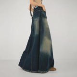 Color Block Low Waist A-Line Denim Long Skirt GMWF-9626