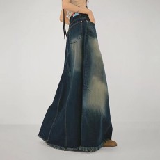 Color Block Low Waist A-Line Denim Long Skirt GMWF-9626