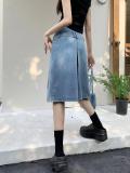 Washed Denim Pleated Mid-length Skirt GMWF-55698