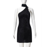 Sexy Solid Color Halterneck Backless Mini Dress GNZD-32423DBY