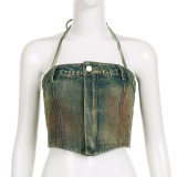 Washed Zipper Wrap Chest Denim Vest GMWF-AL8889
