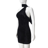 Sexy Solid Color Halterneck Backless Mini Dress GNZD-32423DBY
