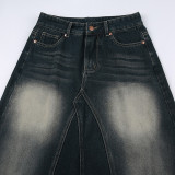 Washed Colorblocked A-Line Denim Half-Body Skirt GMWF-AL9626