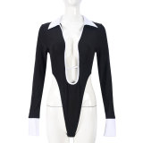 Long Sleeve Hollow Out Lapel Bodysuit GNZD-51464TBD