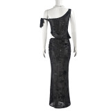 Sexy Flocked Single Shoulder Tie Up Skirt Suit GNZD-51075SHD