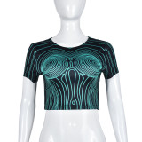 Print O Neck Short Sleeve Tops GNZD-9260TD