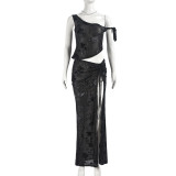 Sexy Flocked Single Shoulder Tie Up Skirt Suit GNZD-51075SHD