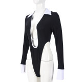 Long Sleeve Hollow Out Lapel Bodysuit GNZD-51464TBD