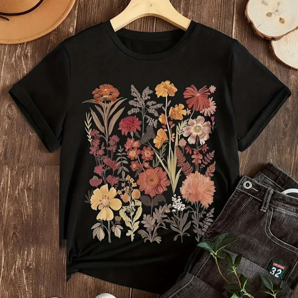 Colorful Floral Print Loose Short Sleeve T-shirt GYIQ-ZB113856C