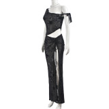 Sexy Flocked Single Shoulder Tie Up Skirt Suit GNZD-51075SHD