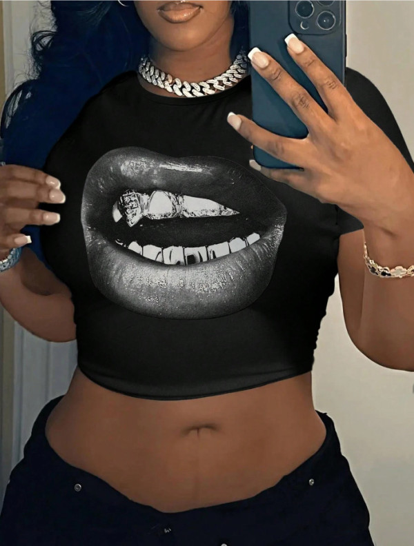 Print Short Sleeve Crop Tops HMYI-89813