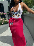Butterfly Printed Vest Long Skirt 2 Piece Set  HMYI-07362