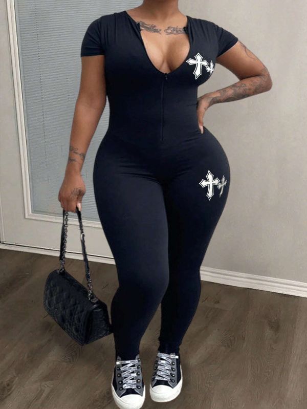 Plus Size Solid Color Print U Neck Jumpsuit HMYI-71482
