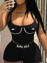 Plus Size Print Solid Color Sling Vest Shorts Suit HMYI-11212