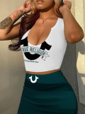 Plus Size Letter Print Sleeveless Tops Two Piece Skirt Set HMYI-06543