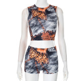 Leopard Print Sleeveless Skinny Short Suit MXBF-K24ST448