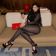 Lace Hollow Out Mesh Socking Zipper Jumpsuit MXBF-Y24JP659-BK