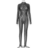 Lace Hollow Out Mesh Socking Zipper Jumpsuit MXBF-Y24JP659-BK