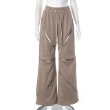 Solid Color Multi Zipper Drawstring Loose Fit Athletic Pants MXBF-K24PT422