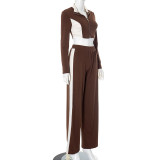 Contrast Color Zipper Crop Top Pants Suit MXBF-K24ST434