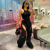 Solid Color Multi Zipper Drawstring Loose Fit Athletic Pants MXBF-K24PT422