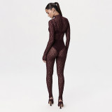 Lace Hollow Out Mesh Socking Zipper Jumpsuit MXBF-Y24JP659-BK