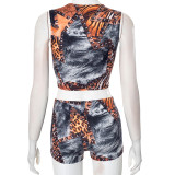 Leopard Print Sleeveless Skinny Short Suit MXBF-K24ST448