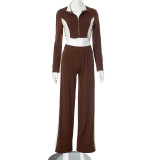 Contrast Color Zipper Crop Top Pants Suit MXBF-K24ST434