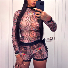 Graffiti Print Lace Tie Up Shorts Set MXBF-K24ST459