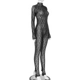 Lace Hollow Out Mesh Socking Zipper Jumpsuit MXBF-Y24JP659-BK