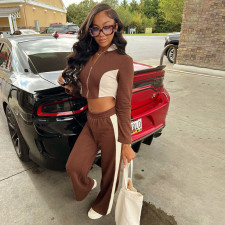 Contrast Color Zipper Crop Top Pants Suit MXBF-K24ST434