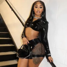PU Leather Zipper Crop Top Short 2 Piece Set MXBF-K24ST348