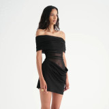 One Shoulder Mesh Hollow Out Pleated Mini Dress GPBY-17169