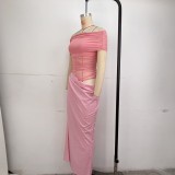 One Shoudler Pleated Solid Color Maxi Dress GPBY-17166
