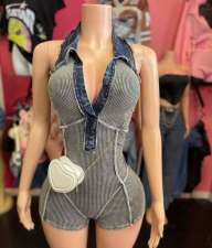 Lapel Sleeveless Denim Romper MEM-88630